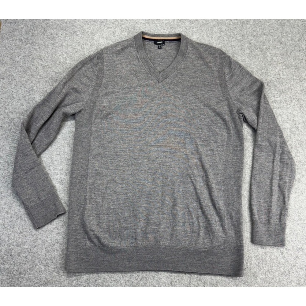 Express Men's Merino Wool V-Neck Sweater Gray Long Sleeve Pullover XLT Tall Slim